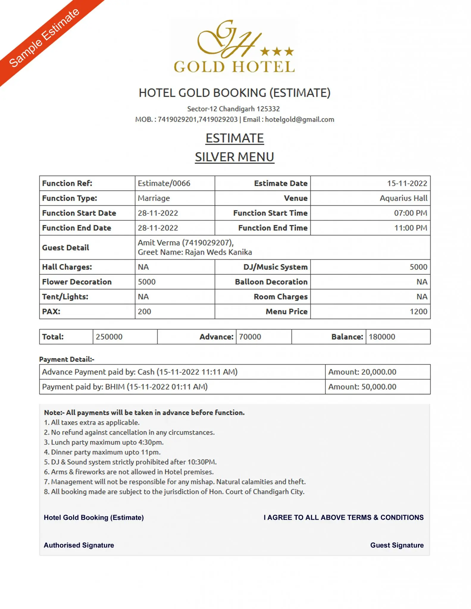 Booking Estimate